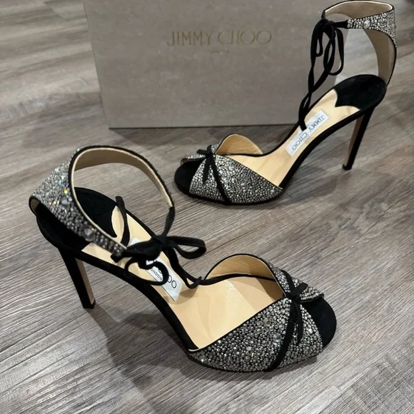 Jimmy Choo Talaya 100 Black Suede Crystal Hotfix Embellished Heels Sandals - Picture 4 of 13
